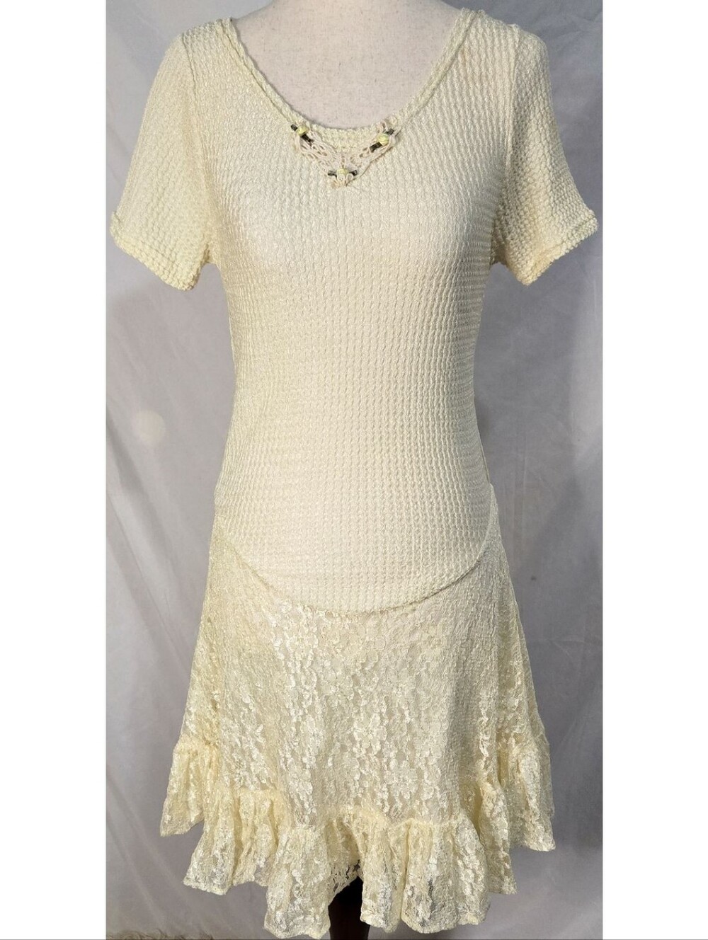 Vintage 90s 80s Yellow Lace A Line Dress Stretch Balletcore Cottagecore